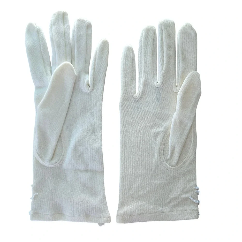 Vintage Cream Beaded Floral Stretch Nylon Gloves Faux Pearl Bridal Formal NEW